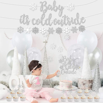 Baby It’s Cold Outside Party Decorations, Banner, Snowflake Balloons, Garland for Winter Wonderland Baby Shower, Christmas, Winter Birthday Party Supplies, Silver (Silver)
