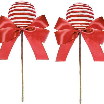 Large Lollipop Candy Picks Set of 4 Striped Peppermint Sprays Christmas Tree Stems Decorations Sticks with Ribbon Bows Xmas Tree Topper Home Vase Filler Wreath DIY Crafts Party Supplies (Red White)