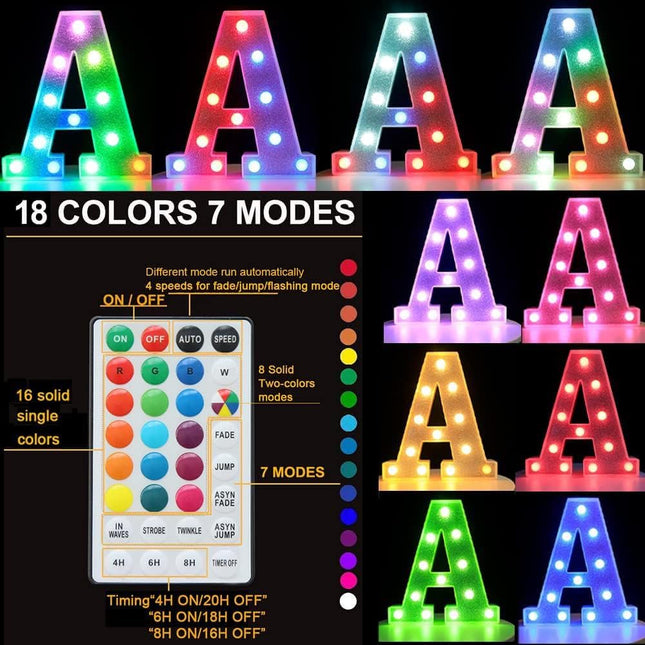 Pooqla Colorful Light Up Letters, Led Letter Lights Marquee Letter Signs Battery Powered, 18 Colors Letter Lamp with Remote for Birthday Party Wedding Home Bar Christmas Decorations, Glitter Silver W