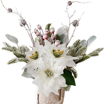 Artificial Poinsettias Christmas Flowers with Red Berry Pine Cone Branches Linen Base,12” Faux Poinsettias Plants for Home Office Table Fireplace Winter Indoor Christmas Decorations White