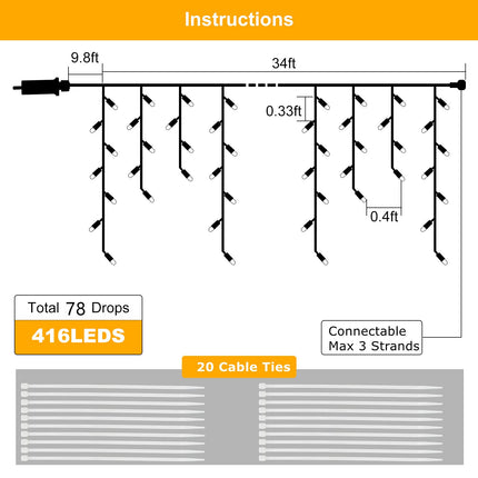 DDMY Christmas Lights Outdoor Decorations 416 LEDs 34 FT 8 Modes Curtain String Light with 78 Drops, Waterproof Clear Wire LED Light for Christmas Party Decor, House, Garden, Yard Decoration