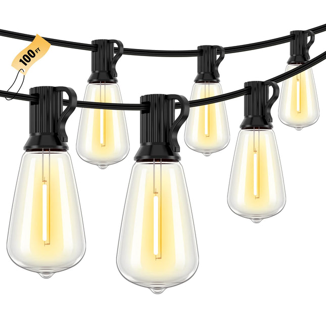 100FT LED Outdoor String Lights, 2700K LED Patio Lights with 50+2 Shatterproof Vintage Bulbs, Hanging String Lights Waterproof Outside for Porch, Backyard, Garden, Gazebo
