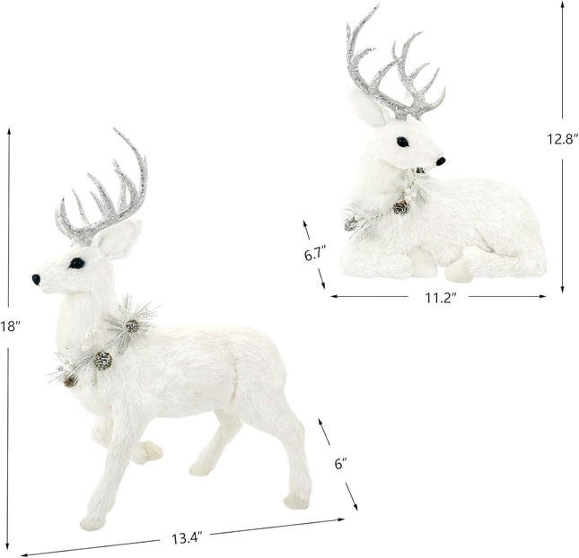 Nature Vibe 18 Inches Sisal Christmas Reindeer Set of 2,Realistic Woodland Animals Reindeer Figurine with Silver Accent for White Christmas Decorations,Centerpiece Table decorations or Fireplace Decor