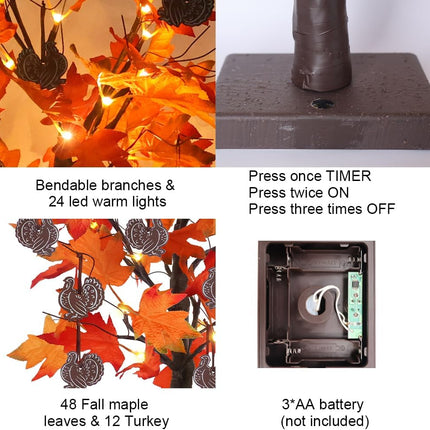 Thanksgiving Decorations, 24IN 24LT Lighted Fall Maple Leaves Tree Fall Decor, 2FT Brown Battery Powered Timer Autumn Trees Decorations with 12 Wood Turkey Ornaments for Home, Holiday