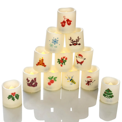 Magiq 12 Pack Flameless Votive with Santa Snowman Reindeer Battery Operated LED Candles Flickering Electric Fake Tealights Set Warm White for Christmas Home Party Decor