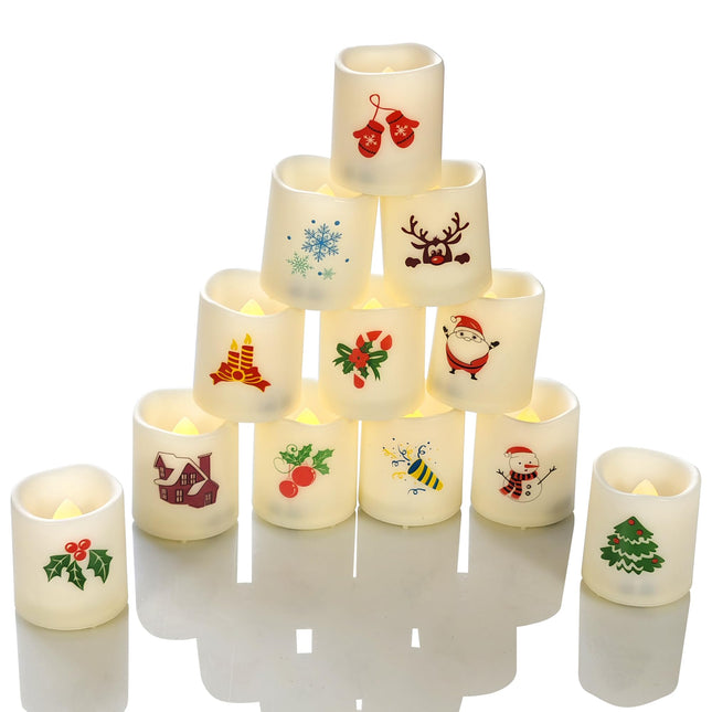 Magiq 12 Pack Flameless Votive with Santa Snowman Reindeer Battery Operated LED Candles Flickering Electric Fake Tealights Set Warm White for Christmas Home Party Decor