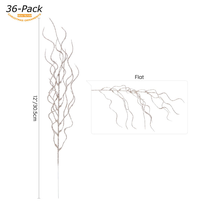 Sea Team 36-Pack Artificial Glitter Vine Twig Ornaments, Decorative Curly Beard Sticks, Glittery Stems, Picks, Branches for Christmas Tree, Small Vase, Holiday, Wedding, Party (12 Inches, Champagne)