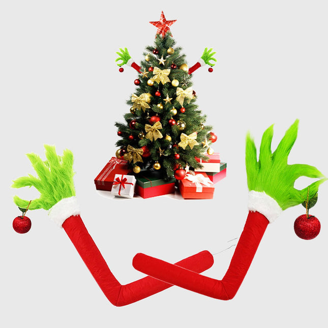 Christmas Elf Body Tree Decorations, Christmas Tree Arm, Christmas Green Monster Stole Xmas Tree Toppe, Pose-able Christmas Elf Stuffed Leg Arm and Head for Christmas Tree Hanging Ornament (2PCS)