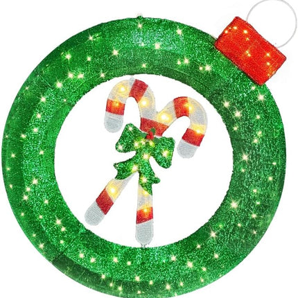 36 inch Outdoor Christmas Wreath with Lights, 8 Modes Lighted Wreath for Front Door, 120 LED Prelit Metal Wreath with Candy Cane, Lit Wreath for Yard Garden Outdoor Christmas Decor, Plug in
