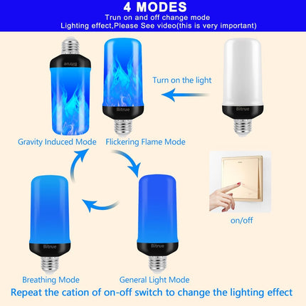 Bitrue LED Flame Light Bulbs, 4 Modes Blue Flame Effect Light Bulbs, E26 Base Fire Light Bulb with Gravity Sensor, Flickering Light Bulbs for/Home/Party Decor(Blue 2 Pack)