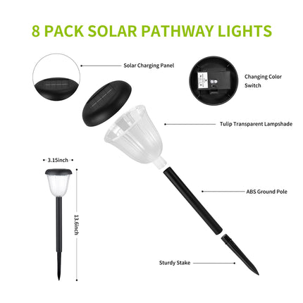 Waterproof Solar Pathway Lights Outdoor - 8 Pack Landscape Lights Solar Powered 2 Lighting Modes RGBW, Auto On/Off Solar Garden Lights for Outside, Yard, Patio Walkway Driveway