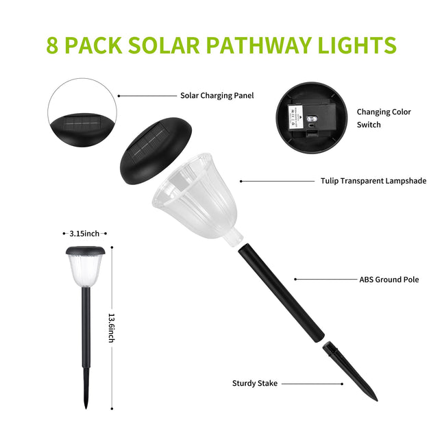 Waterproof Solar Pathway Lights Outdoor - 8 Pack Landscape Lights Solar Powered 2 Lighting Modes RGBW, Auto On/Off Solar Garden Lights for Outside, Yard, Patio Walkway Driveway