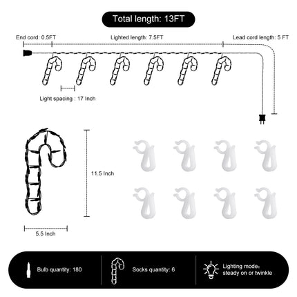 Minetom Christmas Candy Cane String Lights with 6 Drops - 7.5ft 180 Bulbs Candy Cane Icicle Lights with 8 Clips, Connectable Hanging Lights for Rooftop Eaves Christmas Home Outdoor Decoration