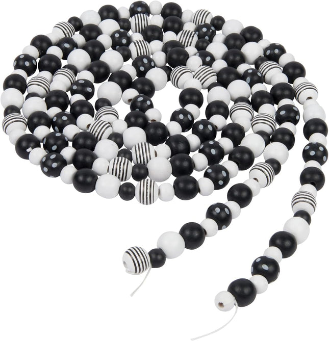 One Holiday Way 9-Foot Long Rustic Matte Black & White Wood Bead Garland w/Dots & Stripes Christmas Tree Decoration - Decorative Vintage Style Wooden Everyday Chic Country Farmhouse Xmas Home Decor