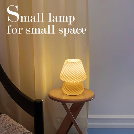 O ISH Mushroom Lamp-Small Bedside Table Lamp with Striped Glass, Nightstand Night Light for Bedroom Living Room, 3000K 6.5W Bulb Included, for Christmas Day, Creamy Yellow