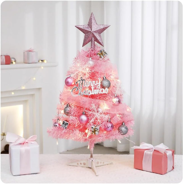 24" 2ft Tabletop Mini Pink Christmas Tree with Light and Star Topper and Ornaments.Pink Chrismas Decoration