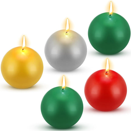 5 Pcs Christmas Advent Round Ball Candle 3 Inch Unscented Candle Set Christmas Advent Candles for Christmas Garland Candle Holders Church Decorations, Party Supply (Green, Silver, Gold, Red)