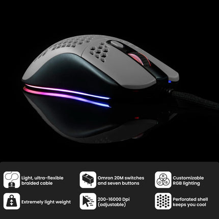 Arozzi Favo Ultra Lightweight Customizable RGB Gaming Mouse with Honeycomb Pattern Pixart 3389 Sensor and Omron 20M Switches - Grey
