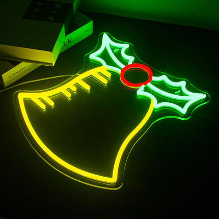 LooKLight Christmas Bell Neon Sign,Holly Berry Christmas Led Neon Light for Wall,Neon Sign Wall Decor for Christmas,USB Powered Led Neon Signs for Christmas Party,Bedroom Decor,Christmas Decor