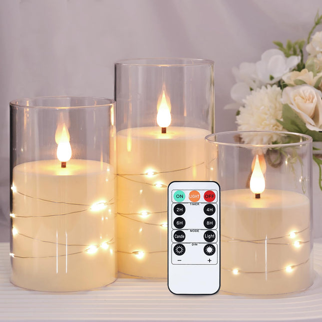 Flashing Flameless Candle with String Light, Battery Powered Candle, Recessed String LED Candle, Indestructible Plexiglass Candle with Remote Control, Set of 3, Ivory White