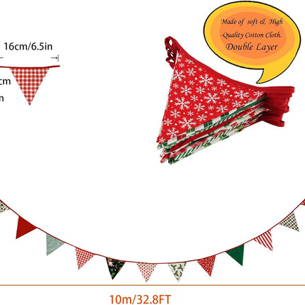 Zwiebeco 32Ft Christmas Pennant Banner Fabric Triangle Flags Garland Red Green White Cotton Bunting Banner for Xmas Party Birthday Wedding Christmas Year Fireplace Home Garden Outdoor Decorations
