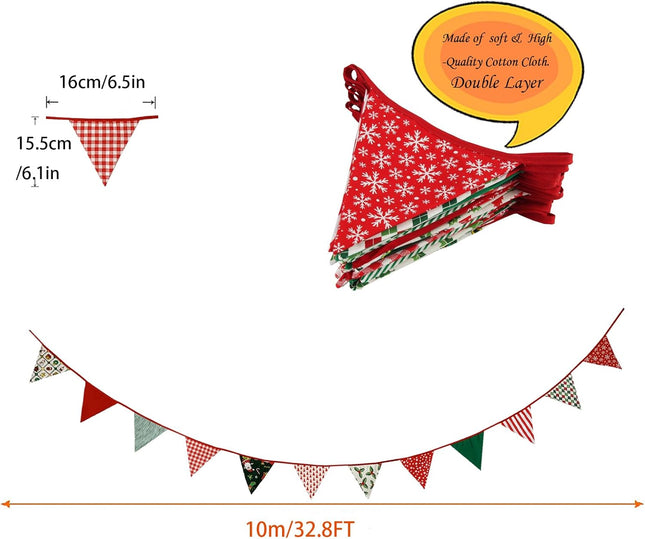 Zwiebeco 32Ft Christmas Pennant Banner Fabric Triangle Flags Garland Red Green White Cotton Bunting Banner for Xmas Party Birthday Wedding Christmas Year Fireplace Home Garden Outdoor Decorations