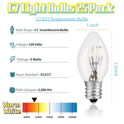 C7 Bulbs C7 Christmas Light Bulbs,25 Pack C7 Replacement Bulbs C7 Night Light Bulbs C7 Light Bulbs C7/E12 5 Watt Candelabra Base for Indoor/Outdoor Holiday Christmas Bulbs Clear