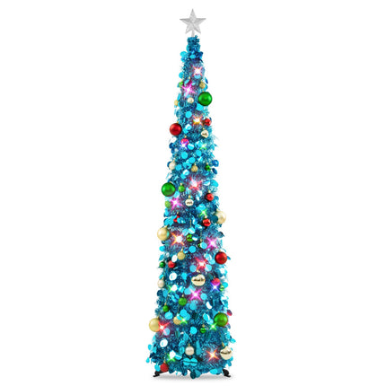 N&T NIETING Christmas Tree, 6ft Collapsible Pop Up Blue Tinsel Christmas Tree with 40pcs Ball Ornaments, Coastal Christmas Tree for Holiday Xmas Decorations Home Display