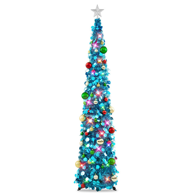N&T NIETING Christmas Tree, 6ft Collapsible Pop Up Blue Tinsel Christmas Tree with 40pcs Ball Ornaments, Coastal Christmas Tree for Holiday Xmas Decorations Home Display