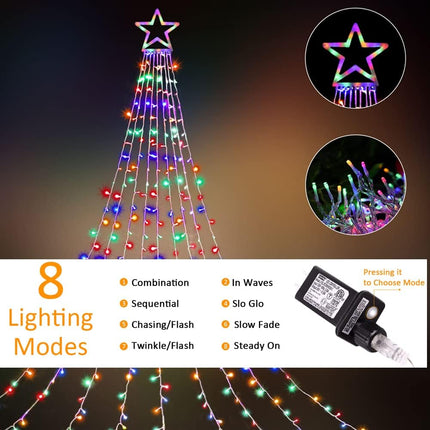 Outdoor Christmas Decorations Star String Lights, 320 LED 11.5 ft Waterfall Tree Lights with 8 Lighting Modes Christmas Star Lights for Indoor Outdoor Yard Home Festival Party Xmas Year Decor