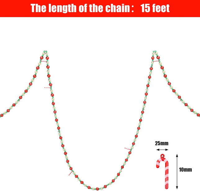 15 Feet Christmas Candy Bead Garland Red Green Gold Beaded Garland Red Balls and Stripe Candy Christmas Garland for Christmas Tree Ornament Candy Cane