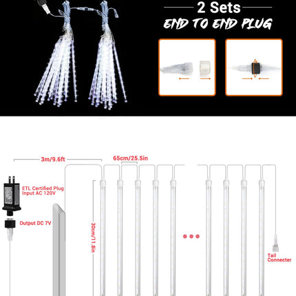 Cool White 20 Tubes Meteor Shower Icicle Lights 480 LED Raindrop Lights with Timer Function Cascading Lights Falling Rain Lights for Holiday Party Christmas Decorations