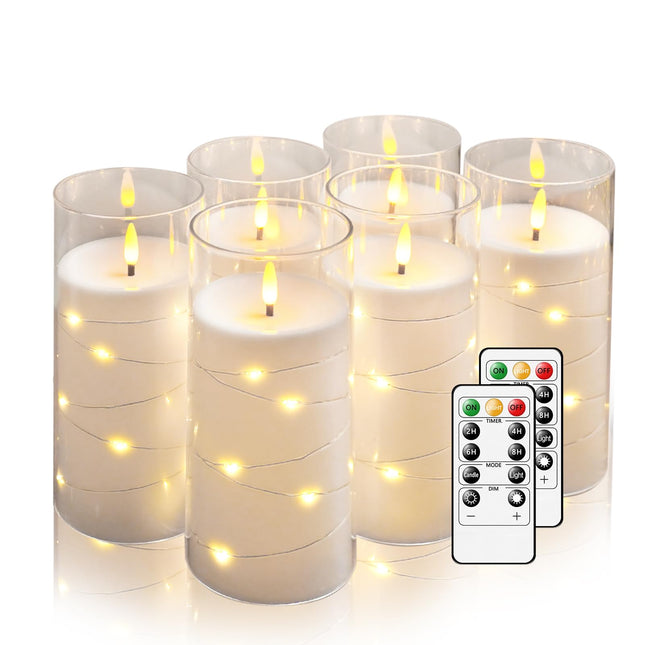 Flickering Flameless Candles with Remote, 6pcs Battery Operated Candles with Embedded String Lights, LED Electric Candles Acrylic Pillar Candles D3 H6, White