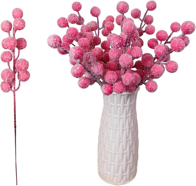 Artificial Snow Berry, 24 pcs Christmas Berries Stems, Artificial Christmas Picks,Artificial Berries Stems for Xmas Tree Ornaments Wreath Decorations Home (Pink)