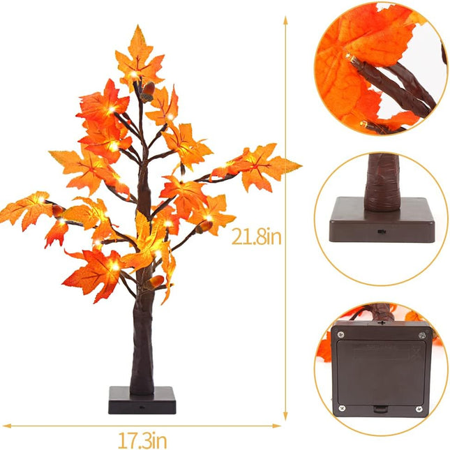 STEFORD 22 Inches Artificial Fall Lighted Maple Tree with 24 LED Lights Battery Operated Autumn Tabletop Light Up Maple Leaf Tree for Thanksgiving Autumn Harvest Indoor Home Decorations