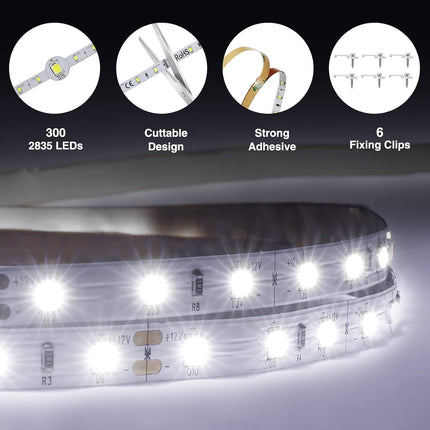 Onforu LED Light Strip,16.4ft Dimmable LED Tape Light, 6000K Daylight White Strip Lighting, 300 LEDs Flexible Vanity Mirror Light, 5M 12V Ribbon Rope Light for Bedroom, Under Cabinet,Kitchen