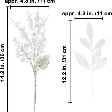 Winlyn 24 Pcs Christmas Artificial Leaf Sprays Pine Needles Pinecone Berries Stems White Glittered Christmas Decoration Picks 12.2"- 14.2" Tall White Christmas Tree Wreaths Wedding Holiday Centerpiece