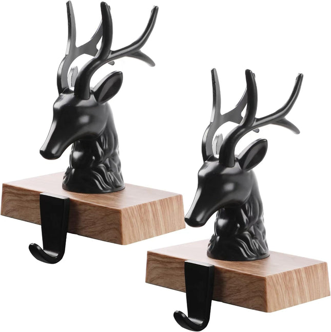 Christmas Stocking Holders for Mantle Set of 2, 3D Reindeer Xmas Fireplace Hanger Hooks Holiday Mantel Garland Clips Metal Grips Black