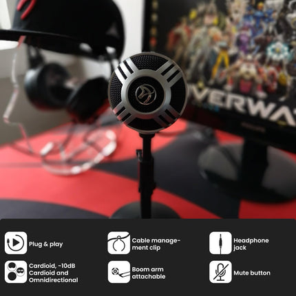 Arozzi - Sfera Professional Grade Gaming/Streaming/Office USB Microphone - Cardioid, Cardioid -10dB, and Omnidirectional Polar Patterns, Boom Arm Compatible - Silver