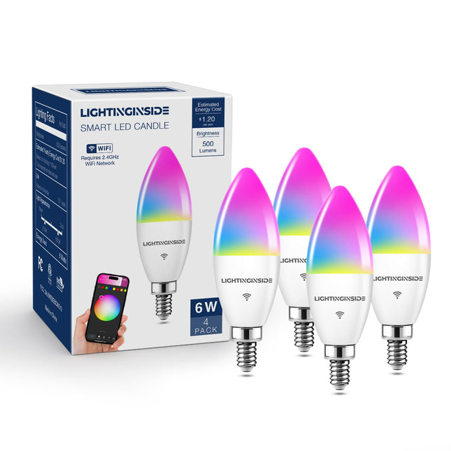 Smart Candelabra LED Bulbs 60 Watt Equivalent, 500LM 6W, E12 LED Bulb Compatible with Alexa/Google Assistant/Smart Life, RGBCW Candle, No Hub Required, 2.4G WiFi Only, ETL Listed, 4PCS