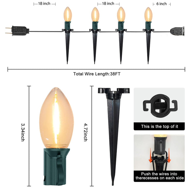 38FT LED Outdoor Christmas Pathway Lights,25 Warm White Extendable Waterproof Christmas Walkway Lights with C9 LED Bulbs and Stakes for Walkway Backyard Snowfield Christmas Decorations