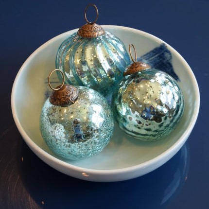 Set of 4 Crystal Blue Mercury Glass Ornaments (3.15" Antique Embossed Ball) - Perfect for Christmas Tree, Hanging Holiday Decoration, s & Home Decor