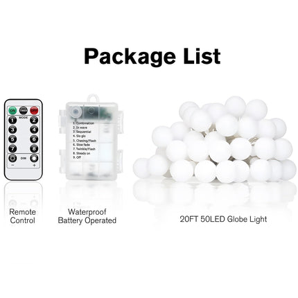 LED Globe String Lights Battery Operated 20FT 50LED Fairy Lights with 8 Lighting Modes, Hanging Lights for Bedroom Dorm Patio Garden Christmas Party, Warm White