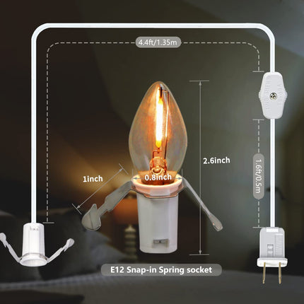 KGC C7 Accessory Cord with 4 C7 Led Light Bulb Candelabra-Base E12 Socket,White Cord with On/Off Switch Plugs for Holiday Decorations, Christmas Village House, Pumpkin Lights 4 Pack
