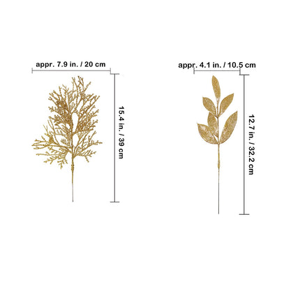 Winlyn 30 Pcs Christmas Artificial Leaf Sprays Cedar Picks Gold Glittered Christmas Tree Ornaments Floral Stems for Gold Christmas Tree Wreaths Swag Centerpieces Holiday Seasonal Wedding Decorations