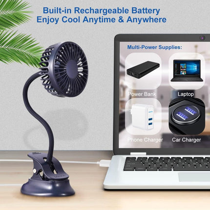 Clip On Small Mini Fan, Portable Usb Battery Operated Rechargeable Quiet Personal Desk/ Baby Stroller Fan 3 Speeds Flexible Neck