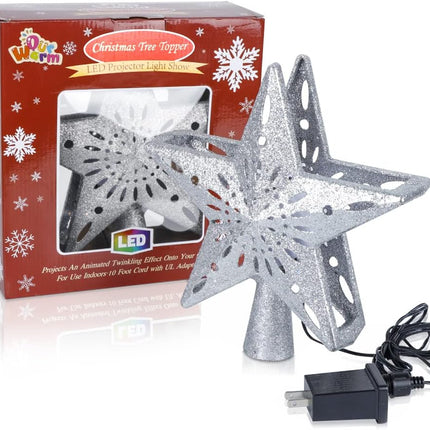 AerWo Christmas Tree Topper Lighted Star Tree Topper with Rotating Snowflake Projector Lights, 3D Glitter Hollow Star Tree Topper for Christmas Tree Decorations