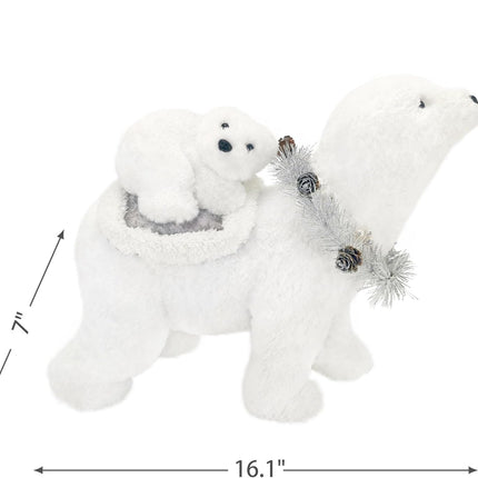 Nature Vibe 12.6 Inches White Faux Fur Polar Bear Christmas Decorations with Garland,Christmas Polar Animal Baby Bear and Mom as Winter Wonderland Decorations, Christmas Home Decor
