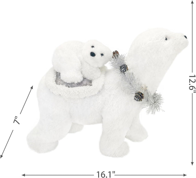 Nature Vibe 12.6 Inches White Faux Fur Polar Bear Christmas Decorations with Garland,Christmas Polar Animal Baby Bear and Mom as Winter Wonderland Decorations, Christmas Home Decor