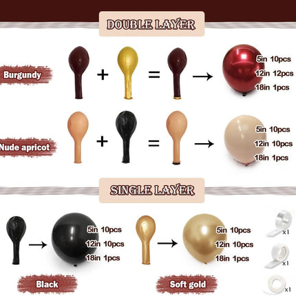 Burgundy Black Balloon Garland Double Stuffed Nude Maroon Gold Balloon Dark Red Apricot Balloon Arch Kit for Birthday Anniversary Halloween Christmas Party Decoration